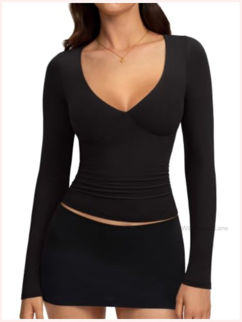Long Sleeve Deep V Neck Ruched Slim Fit Top Stretchy Fall Going Out